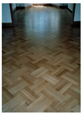 New parquet wood flooring, Hendon, London. Oak parquet wooden floor in a basket weave pattern with a small dot..